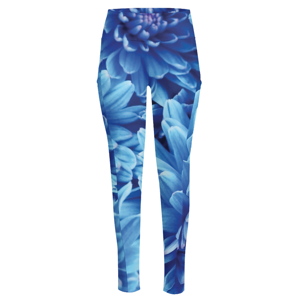 Blue Chrysanthemum Flower Print High-Waisted Pocket Leggings