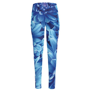 Blue Chrysanthemum Flower Print High-Waisted Pocket Leggings