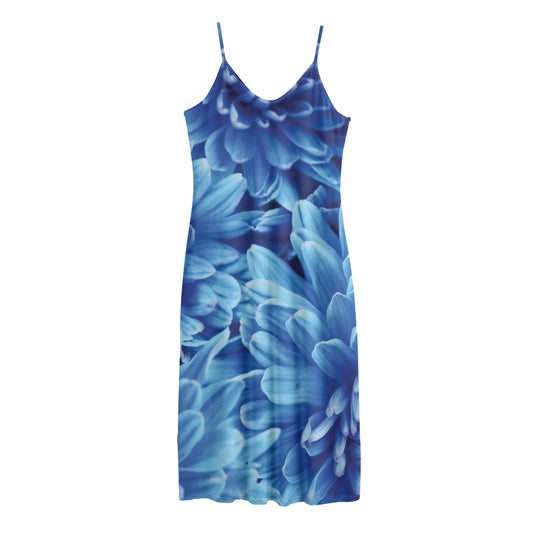 Blue Chrysanthemum Flower Print Jersey Midi Cami Dress