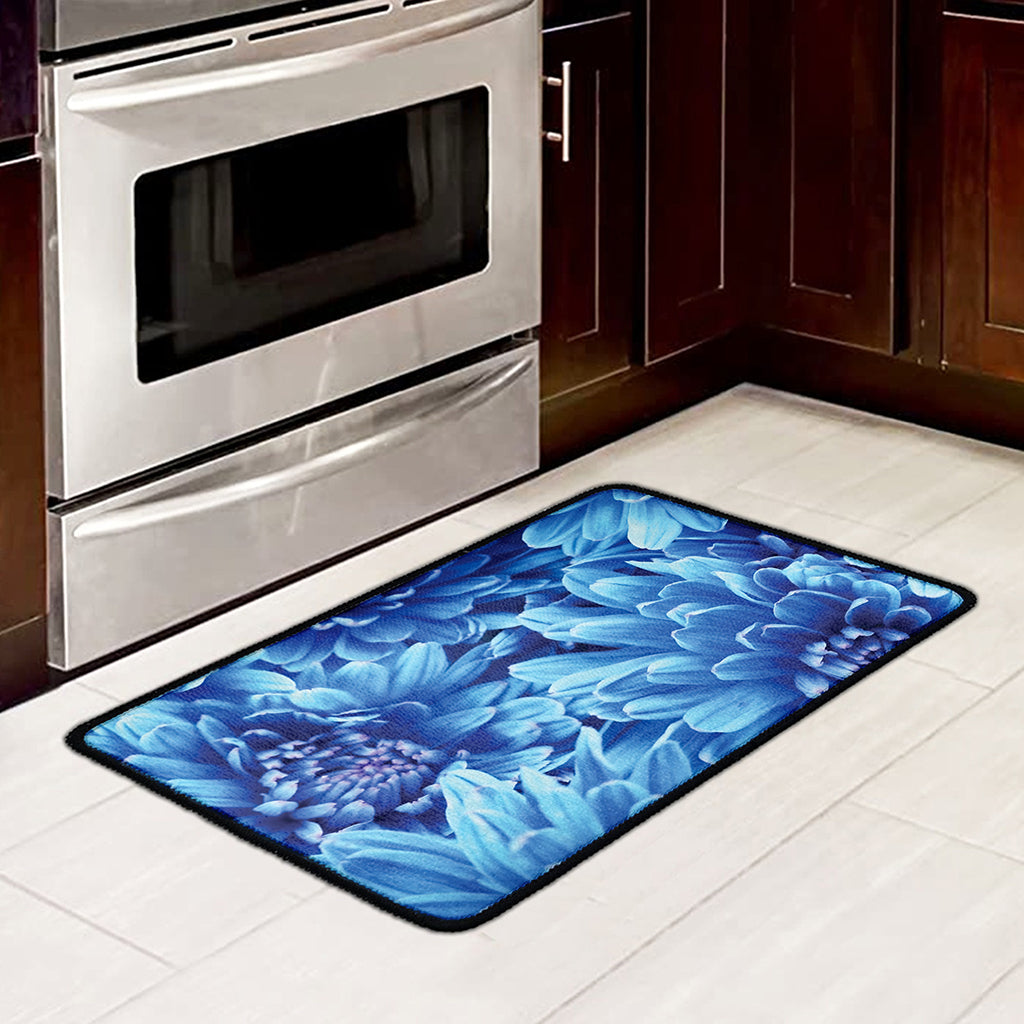 Blue Chrysanthemum Flower Print Kitchen Mat