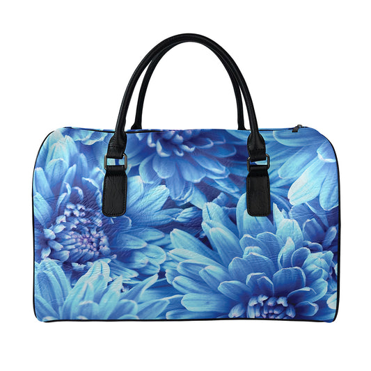 Blue Chrysanthemum Flower Print Leather Duffle Bag