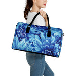 Blue Chrysanthemum Flower Print Leather Duffle Bag