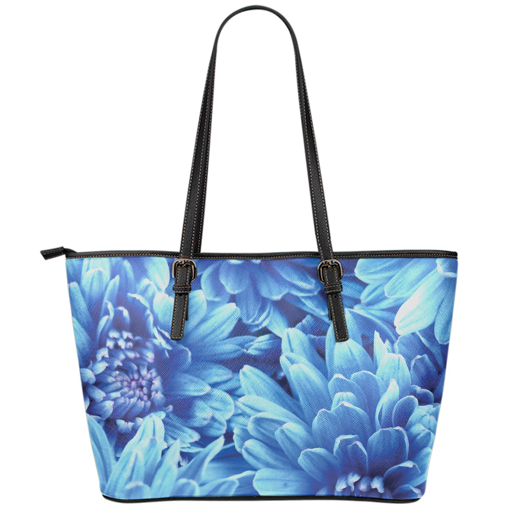 Blue Chrysanthemum Flower Print Leather Tote Bag