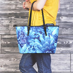 Blue Chrysanthemum Flower Print Leather Tote Bag