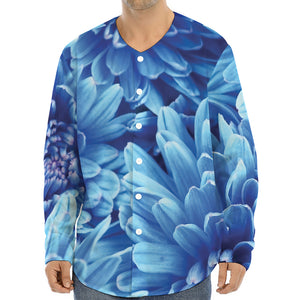 Blue Chrysanthemum Flower Print Long Sleeve Baseball Jersey