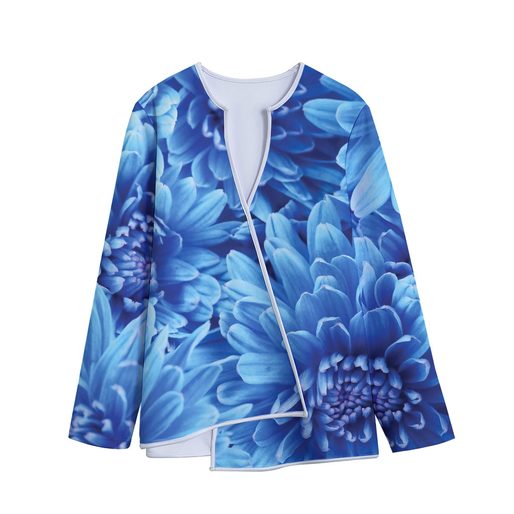 Blue Chrysanthemum Flower Print Long Sleeve Short Coat