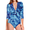 Blue Chrysanthemum Flower Print Long Sleeve Swimsuit