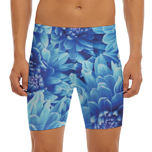 Blue Chrysanthemum Flower Print Men's Long Boxer Briefs