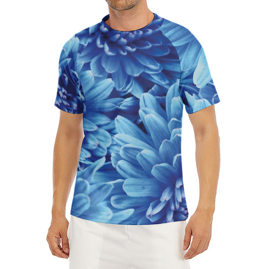 Blue Chrysanthemum Flower Print Men's Short Sleeve Rash Guard