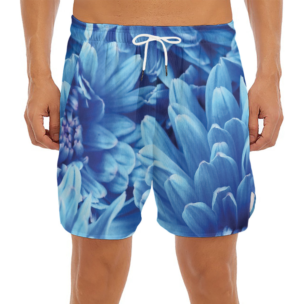 Blue Chrysanthemum Flower Print Men's Split Running Shorts
