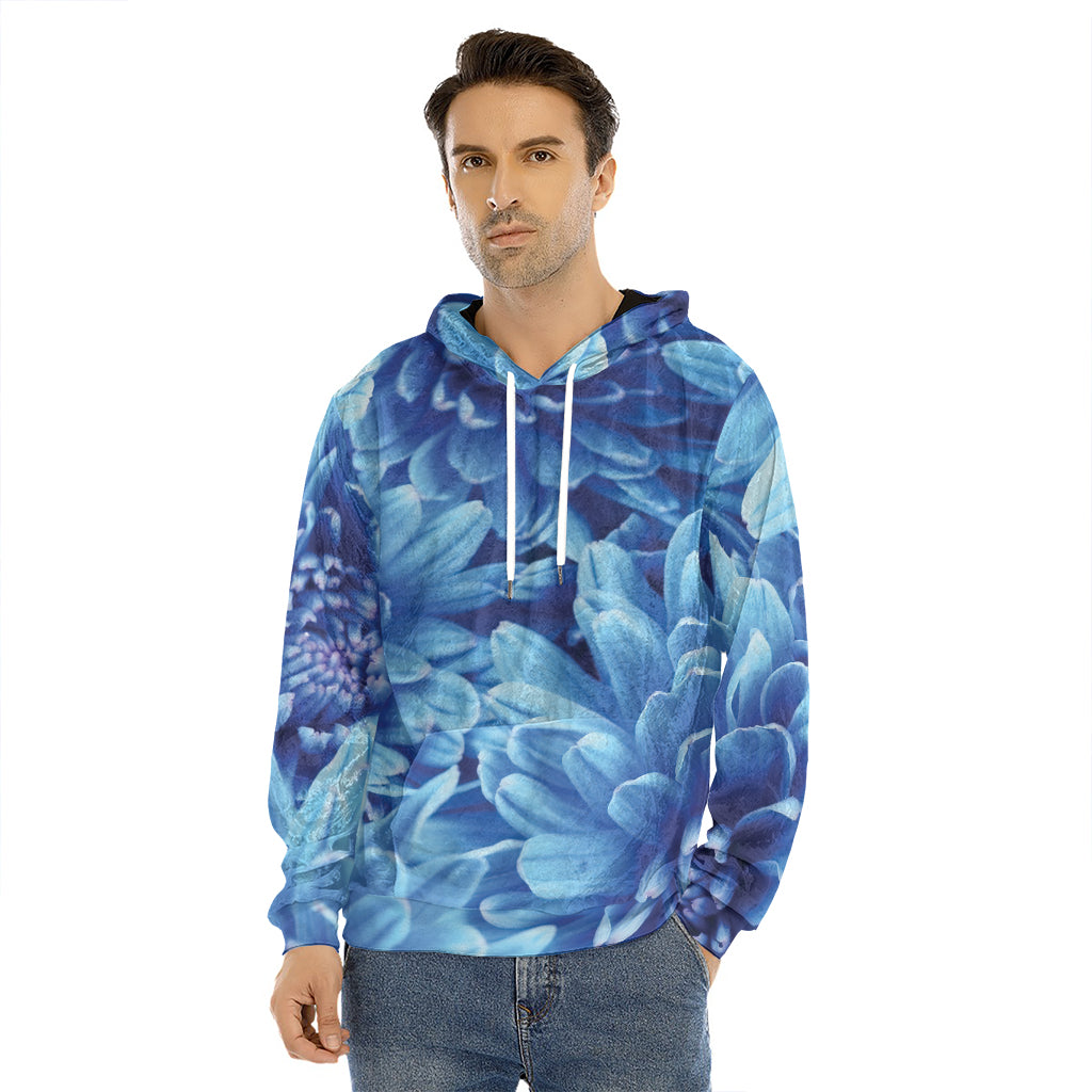 Blue Chrysanthemum Flower Print Men's Velvet Pullover Hoodie