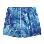 Blue Chrysanthemum Flower Print Mesh Shorts