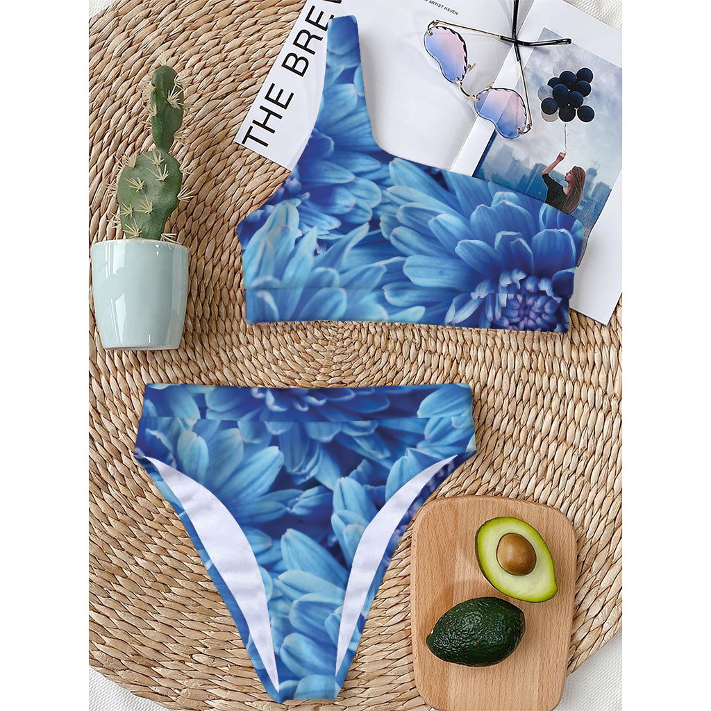 Blue Chrysanthemum Flower Print One Shoulder Bikini Top