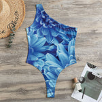 Blue Chrysanthemum Flower Print One Shoulder Bodysuit