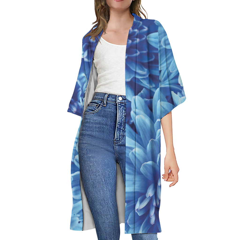 Blue Chrysanthemum Flower Print Open Front Beach Cover Up