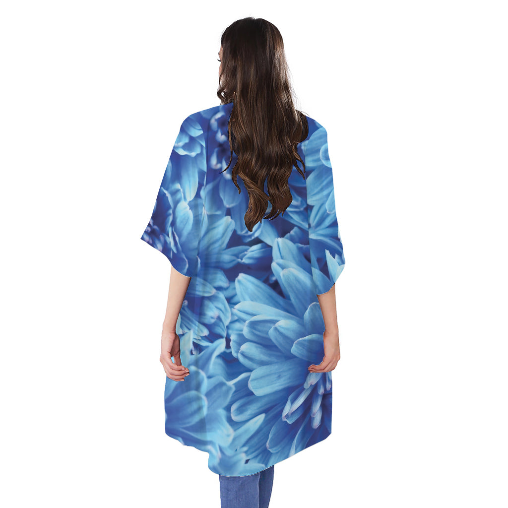 Blue Chrysanthemum Flower Print Open Front Beach Cover Up