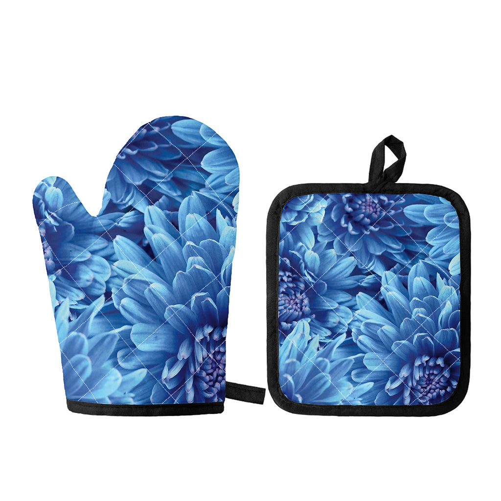 Blue Chrysanthemum Flower Print Oven Mitt And Pot Holder Set