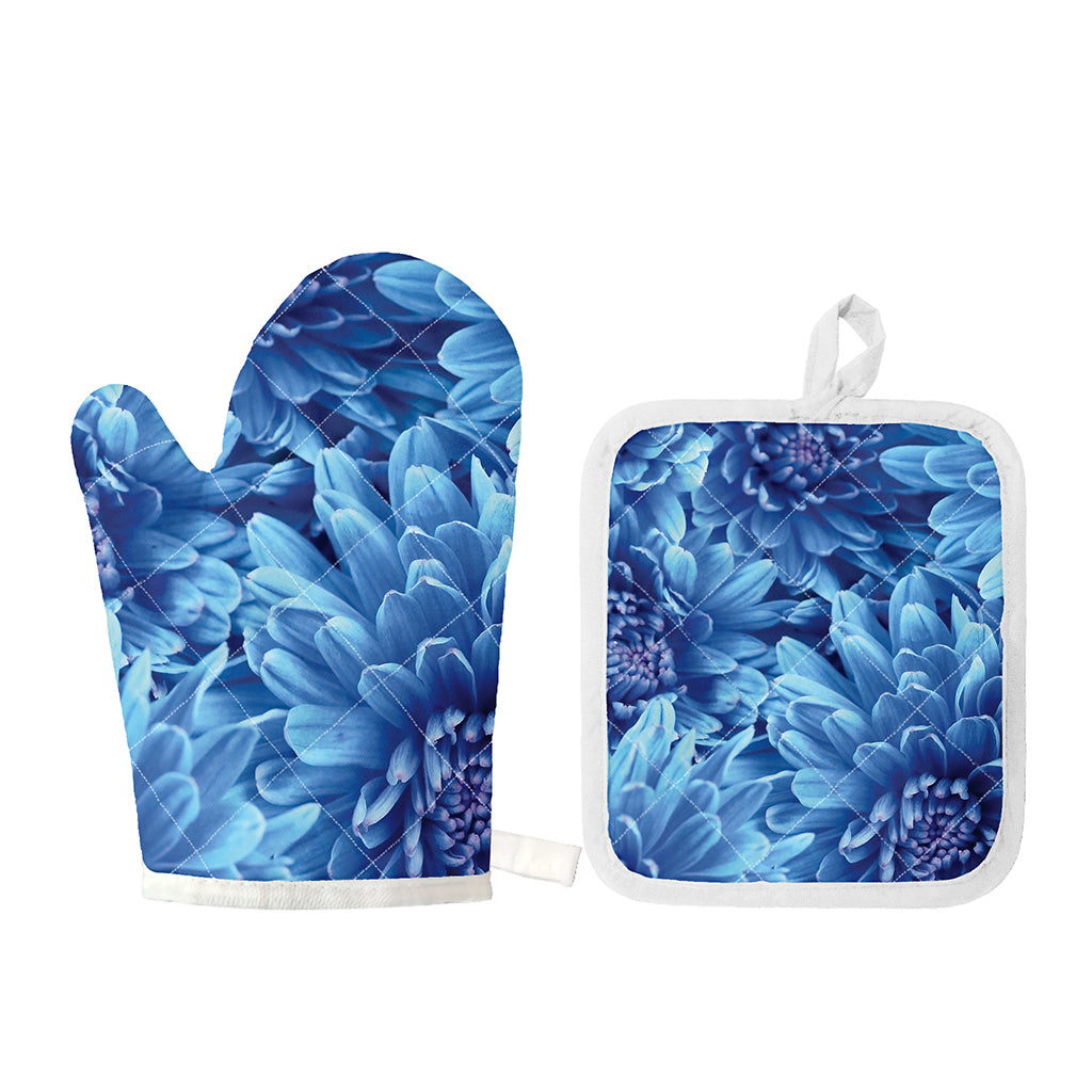 Blue Chrysanthemum Flower Print Oven Mitt And Pot Holder Set