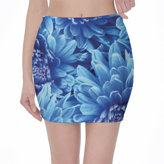 Blue Chrysanthemum Flower Print Pencil Mini Skirt