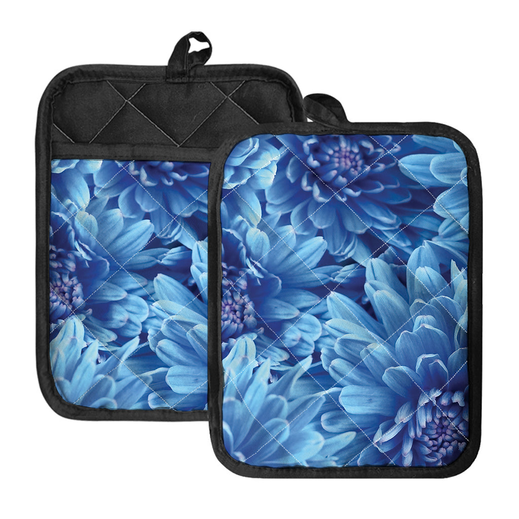 Blue Chrysanthemum Flower Print Pot Holders With Pocket