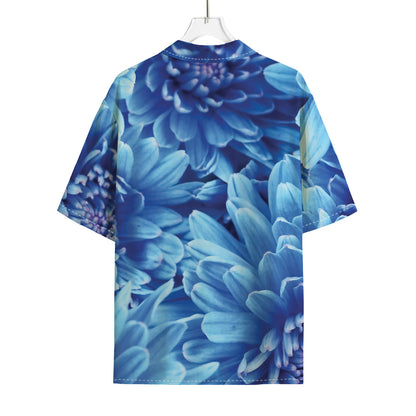 Blue Chrysanthemum Flower Print Rayon Hawaiian Shirt