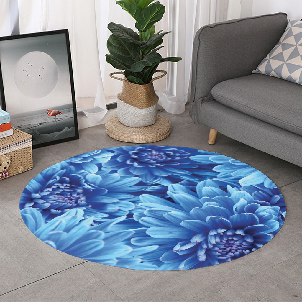 Blue Chrysanthemum Flower Print Round Rug