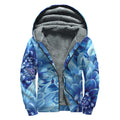 Blue Chrysanthemum Flower Print Sherpa Lined Zip Up Hoodie