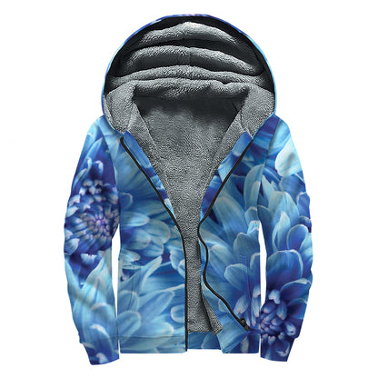 Blue Chrysanthemum Flower Print Sherpa Lined Zip Up Hoodie