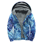Blue Chrysanthemum Flower Print Sherpa Lined Zip Up Hoodie
