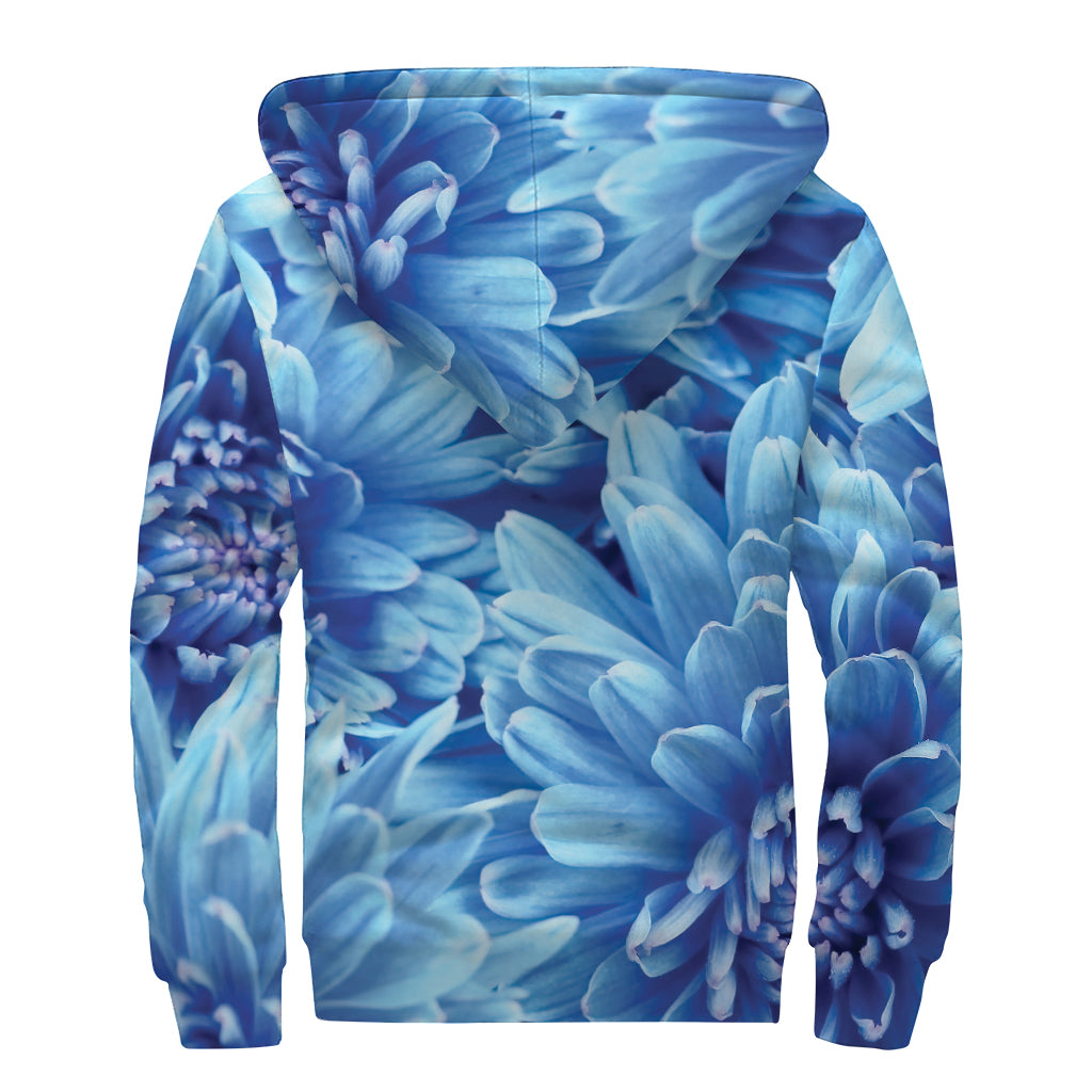 Blue Chrysanthemum Flower Print Sherpa Lined Zip Up Hoodie