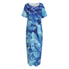 Blue Chrysanthemum Flower Print Short Sleeve Long Nightdress