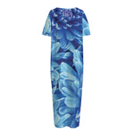 Blue Chrysanthemum Flower Print Short Sleeve Long Nightdress