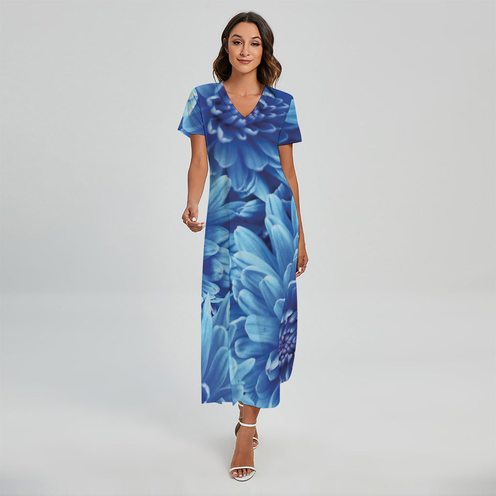 Blue Chrysanthemum Flower Print Short Sleeve Maxi Dress