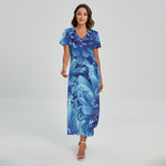 Blue Chrysanthemum Flower Print Short Sleeve Maxi Dress