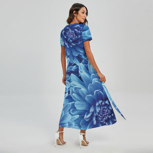 Blue Chrysanthemum Flower Print Short Sleeve Maxi Dress