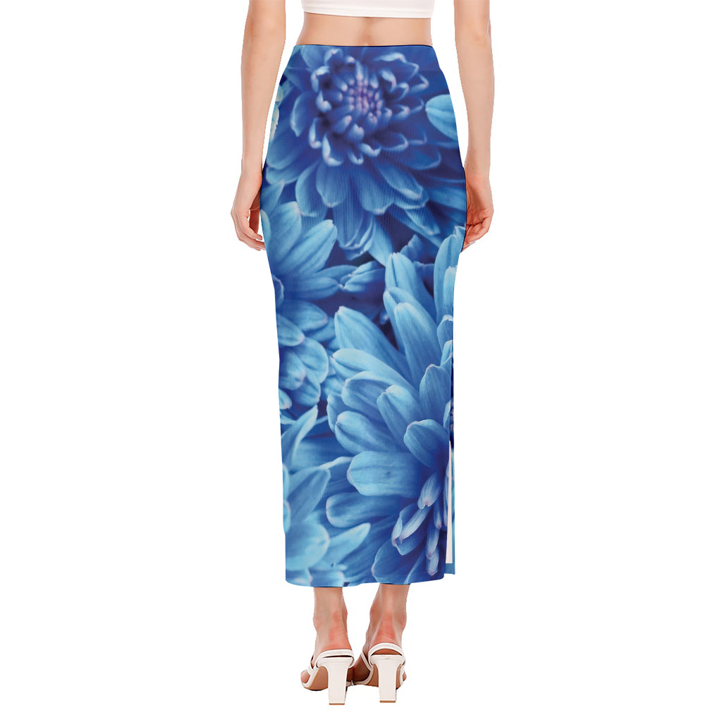 Blue Chrysanthemum Flower Print Side Slit Maxi Skirt