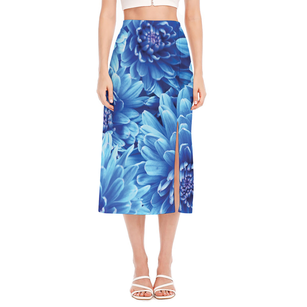 Blue Chrysanthemum Flower Print Side Slit Midi Skirt