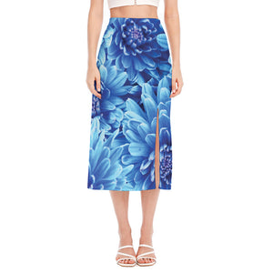 Blue Chrysanthemum Flower Print Side Slit Midi Skirt