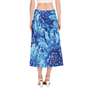 Blue Chrysanthemum Flower Print Side Slit Midi Skirt