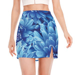 Blue Chrysanthemum Flower Print Side Slit Mini Skirt