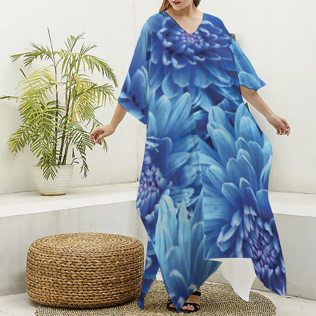 Blue Chrysanthemum Flower Print Silk V-Neck Kaftan Dress