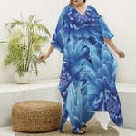 Blue Chrysanthemum Flower Print Silk V-Neck Kaftan Dress