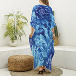 Blue Chrysanthemum Flower Print Silk V-Neck Kaftan Dress