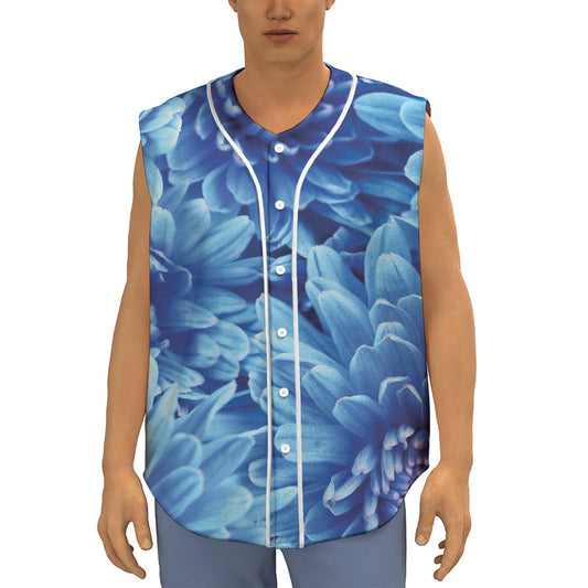 Blue Chrysanthemum Flower Print Sleeveless Baseball Jersey