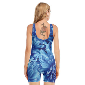 Blue Chrysanthemum Flower Print Sleeveless One Piece Swimsuit