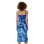 Blue Chrysanthemum Flower Print Slim Fit Midi Cami Dress