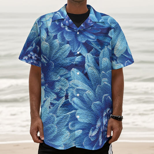 Blue Chrysanthemum Flower Print Textured Short Sleeve Shirt