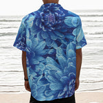 Blue Chrysanthemum Flower Print Textured Short Sleeve Shirt