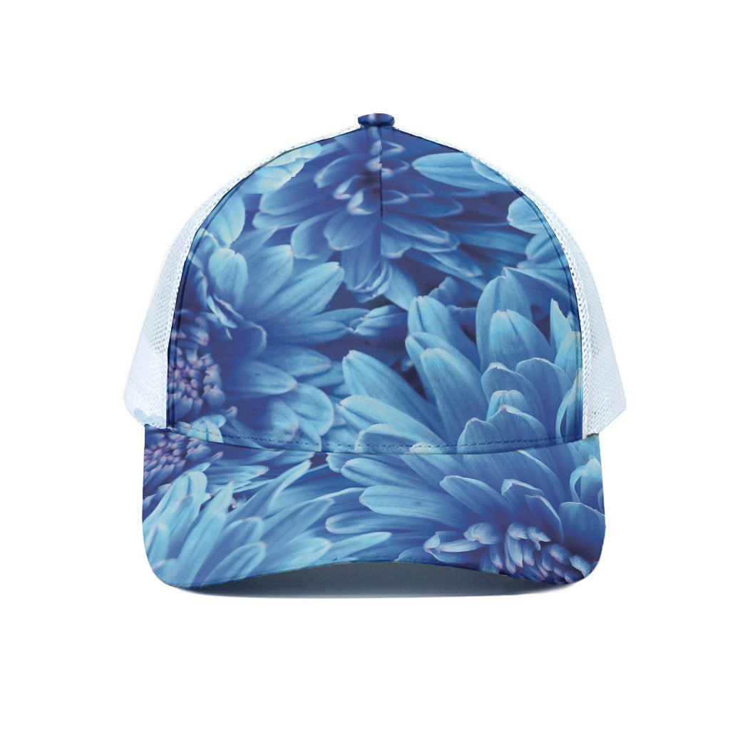 Blue Chrysanthemum Flower Print White Mesh Trucker Cap