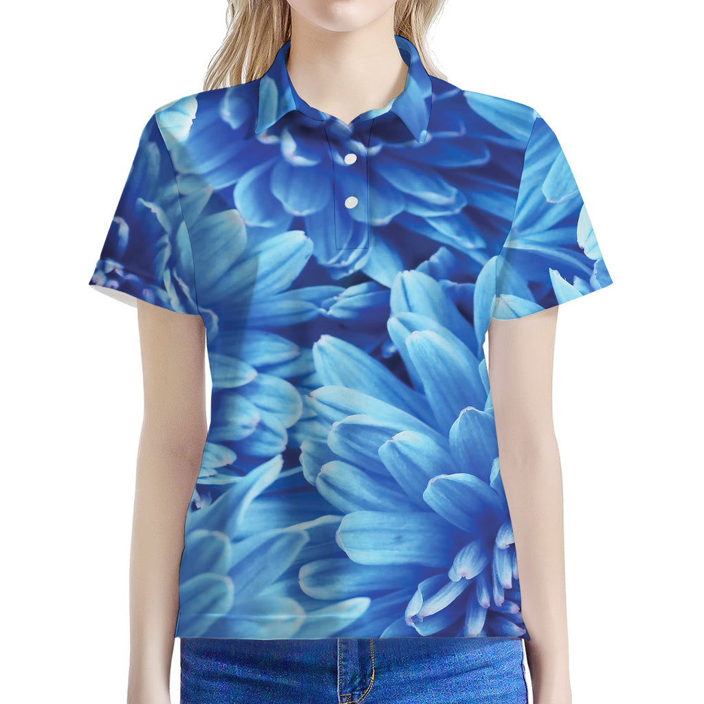 Blue Chrysanthemum Flower Print Women's Polo Shirt